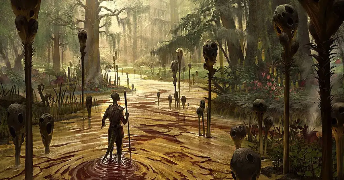 Mroczny, bagienny krajobraz z dziwnymi, bulwiastymi roślinami i postacią w wodzie. Czy to zapowiedź The Elder Scrolls 6?