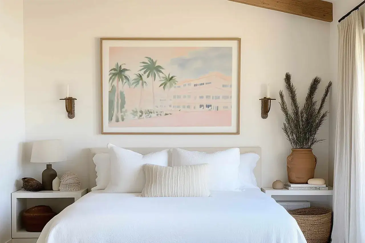 Jaki obraz do sypialni? Pastelowy pejzaż z palmami i budynkiem nadaje lekkości, idealnie pasuje do minimalistycznej, jasnej sypialni.