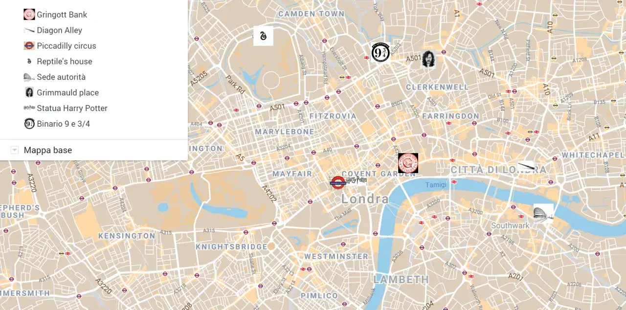 Mappa tematica Londra Harry Potter o mercati