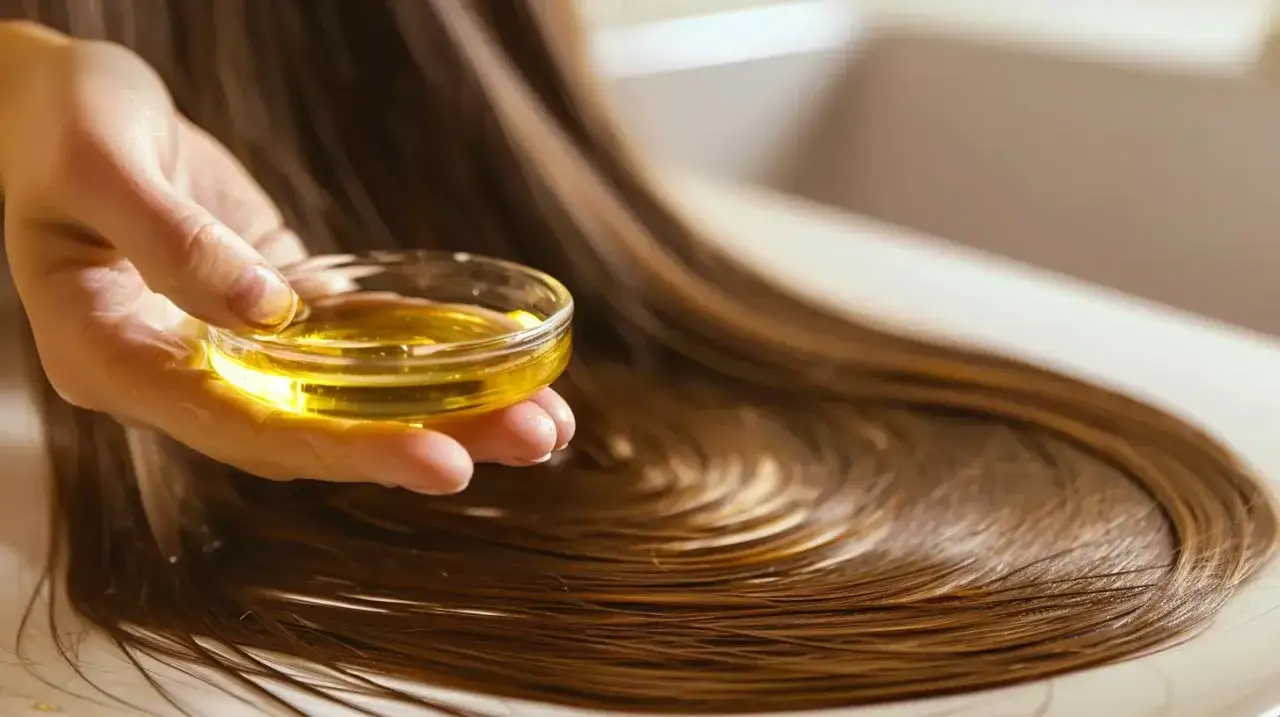 Dłoń trzymająca miseczkę z olejem, gotowa do aplikacji na długie, brązowe włosy. To klucz do tego, jak olejować włosy wysokoporowate.