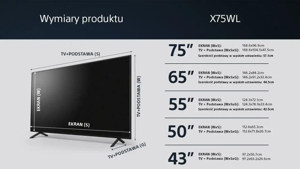 telewizor 50 cali wymiary z ramką i bez