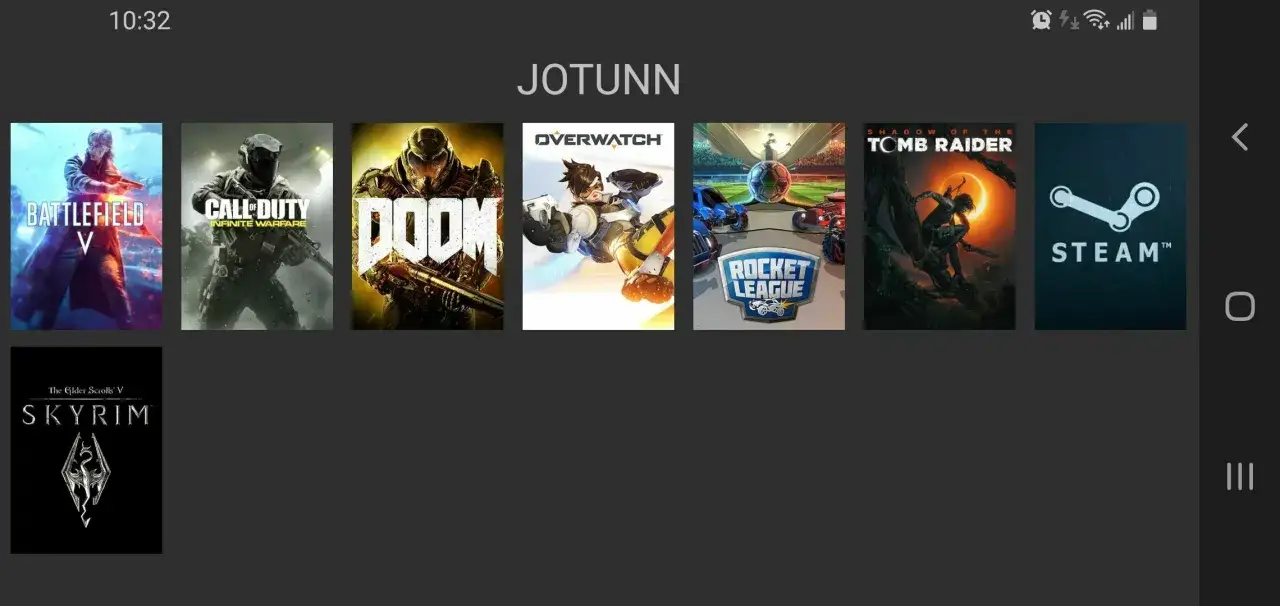Jak grać w gry Steam na Android bez Steam Link? Widok gier: Battlefield V, Call of Duty, Doom, Overwatch, Rocket League, Shadow of the Tomb Raider, Skyrim i logo Steam.