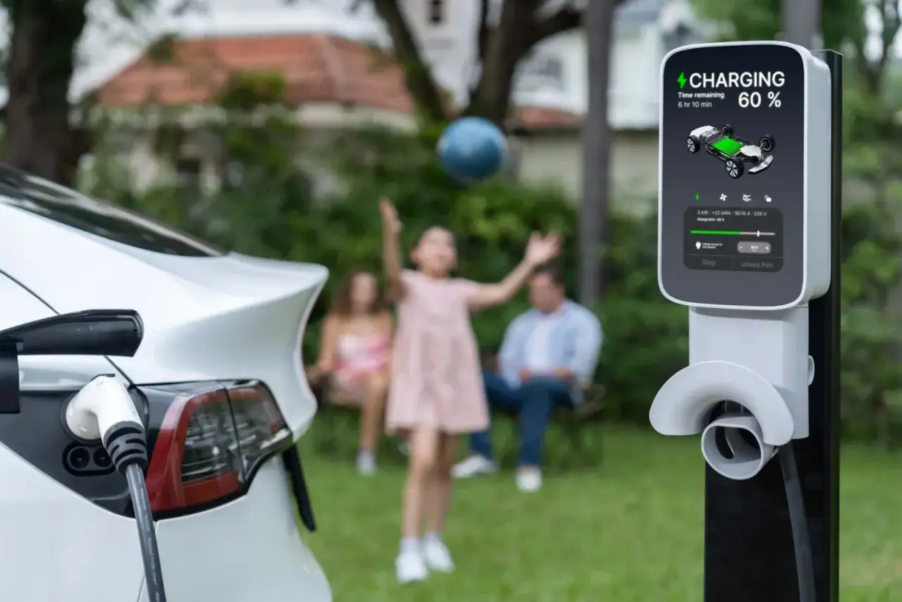 Ładowanie samochodu elektrycznego trwa 6h 10min, podczas gdy rodzina odpoczywa.
