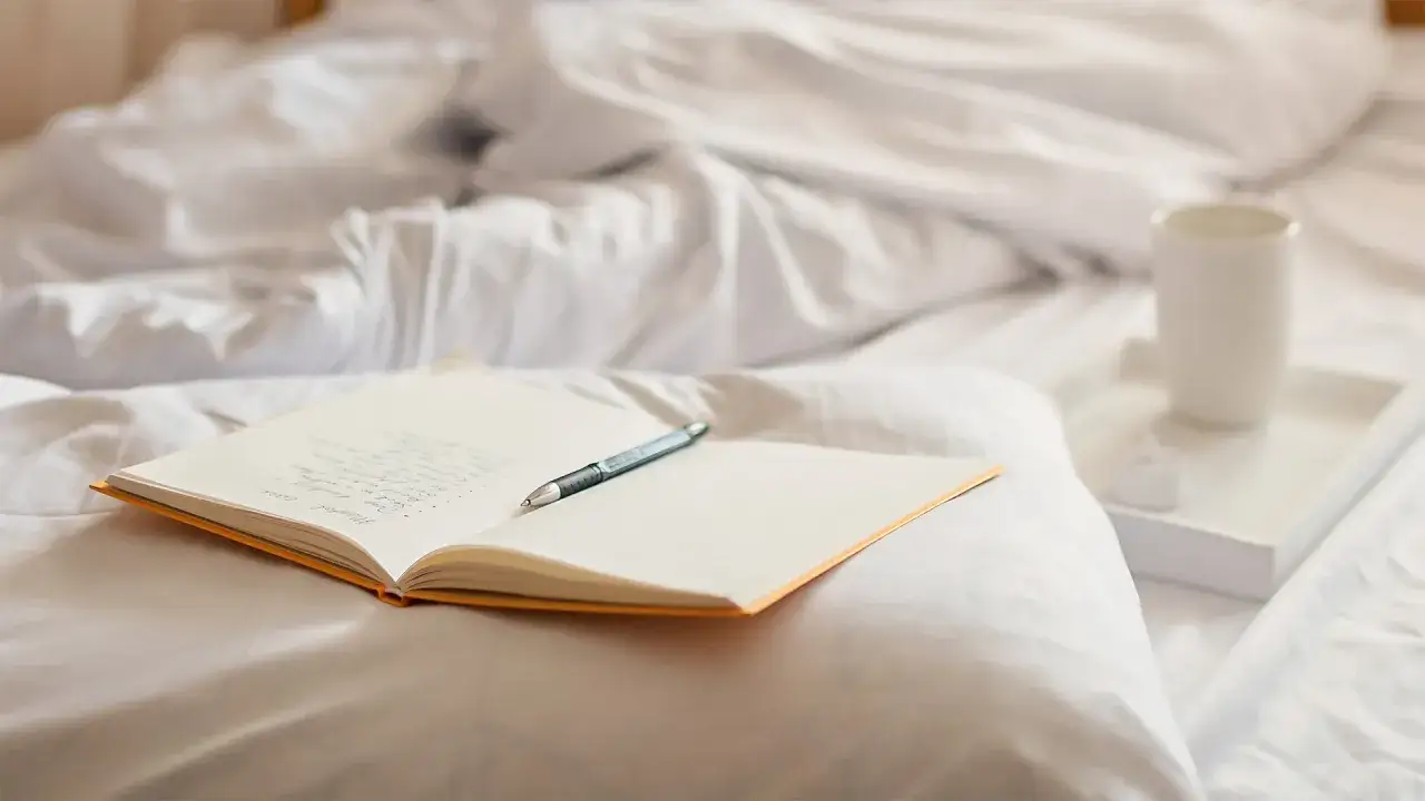 Otwarty notatnik z długopisem na poduszce, kubek na tacy w tle. Tak wyglądał poranek, gdy postanowiłam spisać swoje myśli.