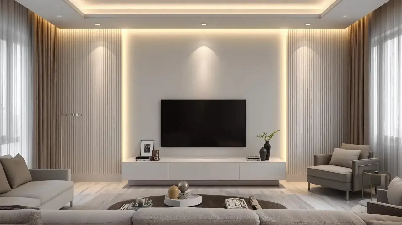 Nowoczesny salon z telewizorem na tle lameli. Dowiedz się, jak zrobić lamele, by nadać wnętrzu elegancji.