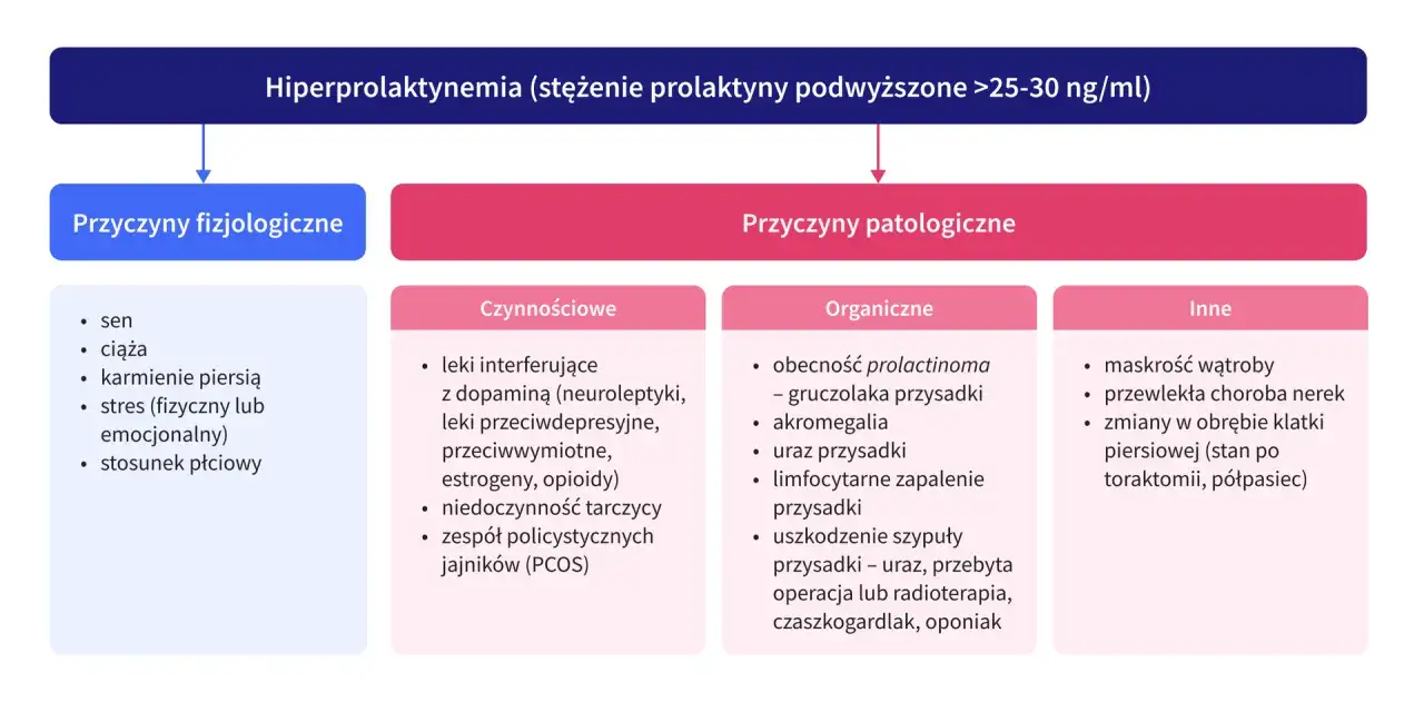 Hiperprolaktynemia: co to? Wykres przedstawia przyczyny fizjologiczne (sen, ciąża, karmienie piersią) i patologiczne (leki, choroby, guzy) podwyższonego stężenia prolaktyny.