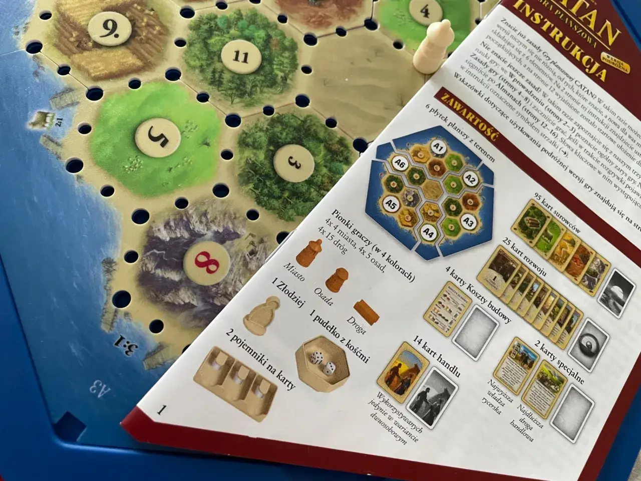 Catan wersja podróżna: plansza, pionki, karty i instrukcja gry.