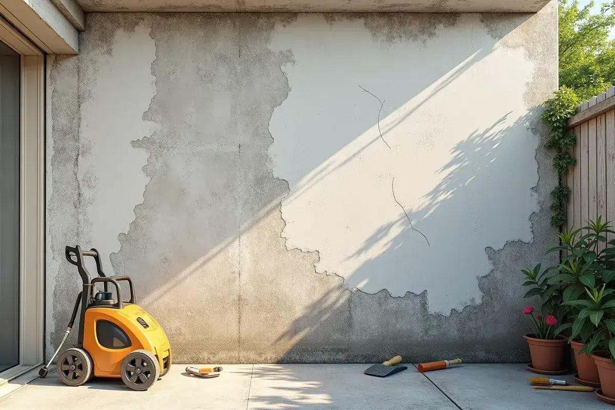 Przygotowanie do renowacji starego murku betonowego: myjka ciśnieniowa, szpachelki i pędzle czekają na pracę.