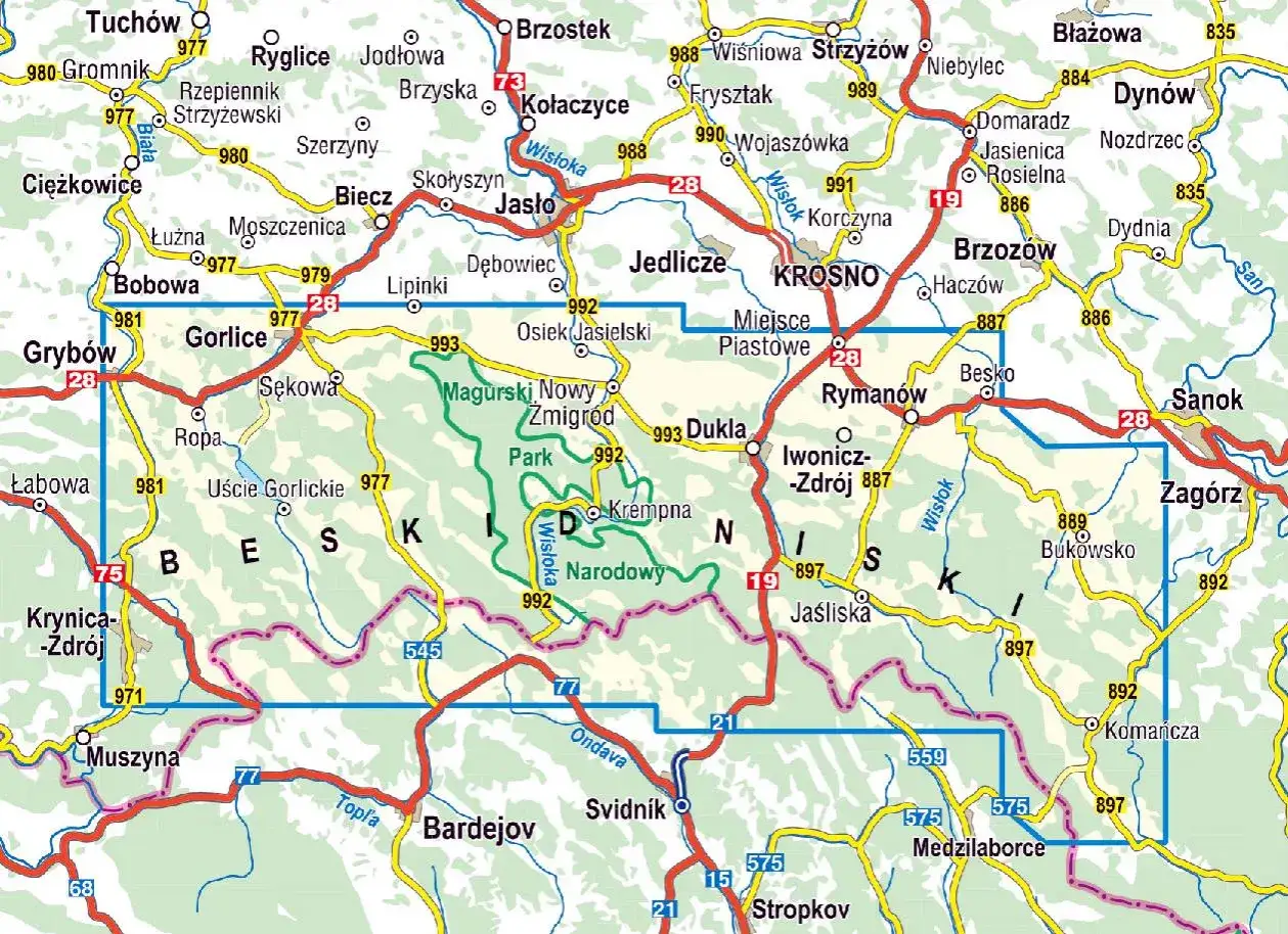 Mapa Beskidu Niskiego, z zaznaczonymi drogami i miejscowościami. W centrum widoczna jest lackowa ściana płaczu, otoczona zielonym obszarem Magurskiego Parku Narodowego.