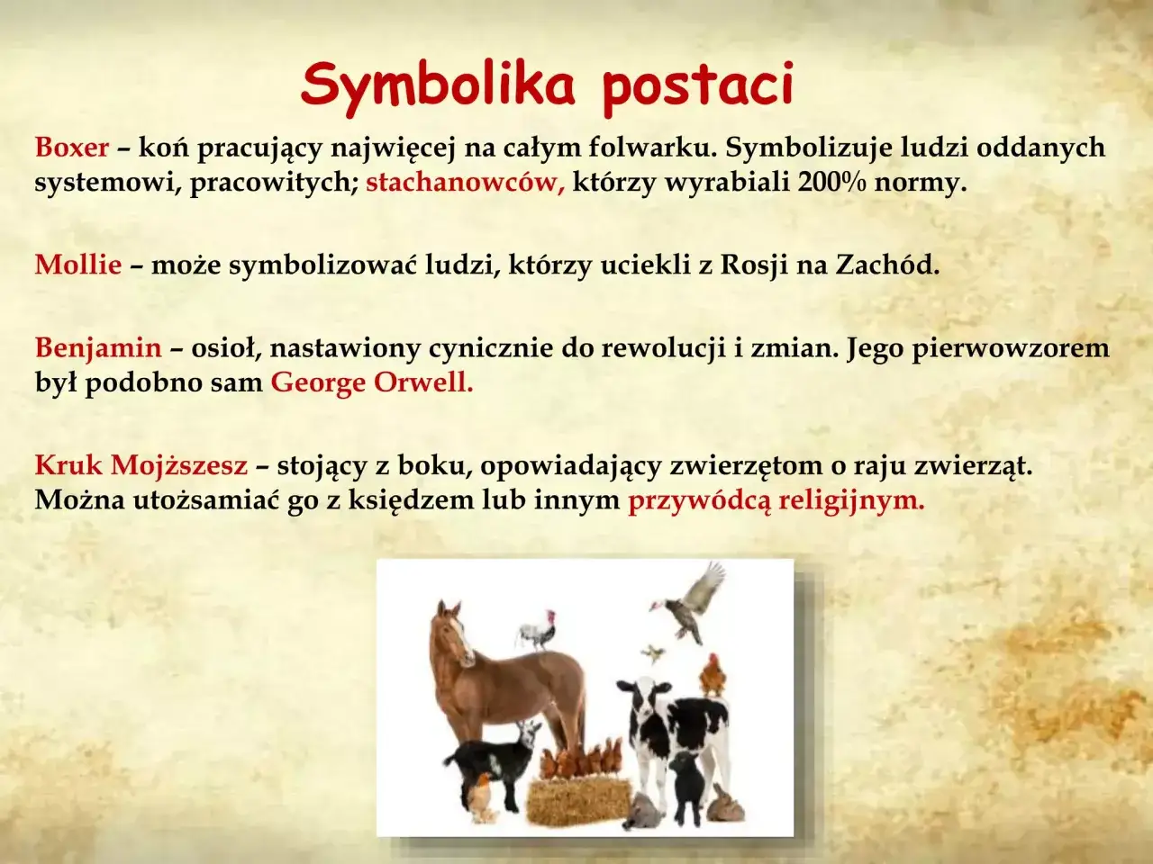 Folwark zwierzęcy postacie symbolika