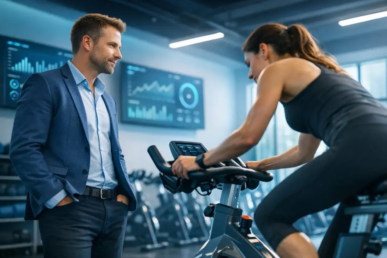 Trener obserwuje kobietę ćwiczącą na rowerze stacjonarnym. Monitor pokazuje dane, kt&oacute;re pomogą określić, jaki powinien być puls podczas jazdy na rowerze stacjonarnym.