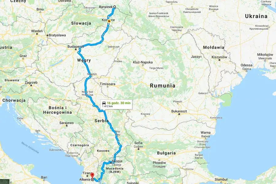 Mapa trasy Polska Słowacja Węgry Serbia Macedonia Północna Albania