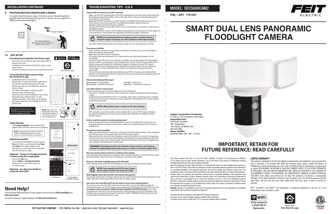 Instrukcja jak ustawić czujnik ruchu i zmierzchu dla kamery Feit Electric. Opisuje konfigurację aplikacji i połączenie z Wi-Fi.