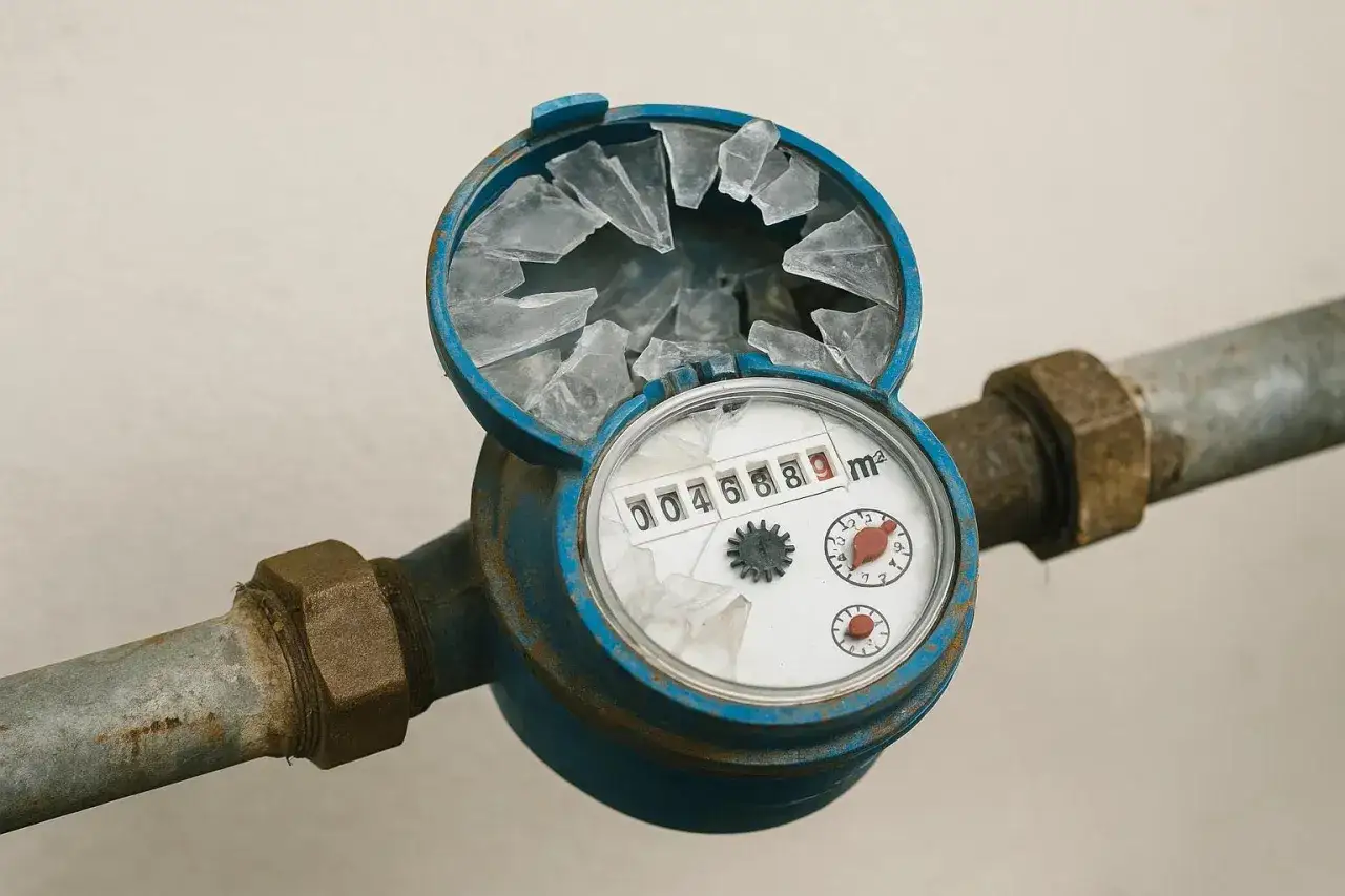 Kto naprawia zawór przed wodomierzem? Uszkodzony wodomierz z pękniętą szybką i widocznymi fragmentami szkła.