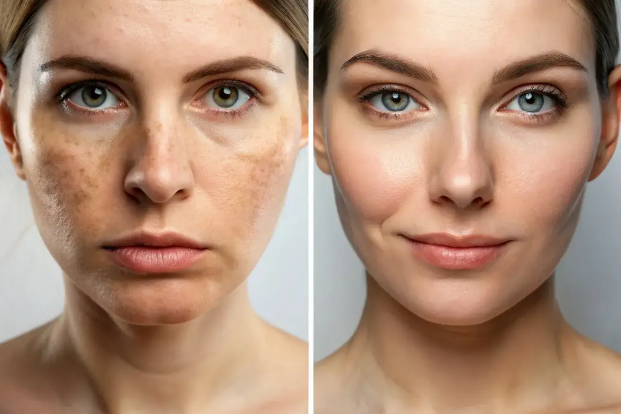 Przed i po zabiegu usuwania przebarwień laserem. Skóra stała się gładka i promienna.