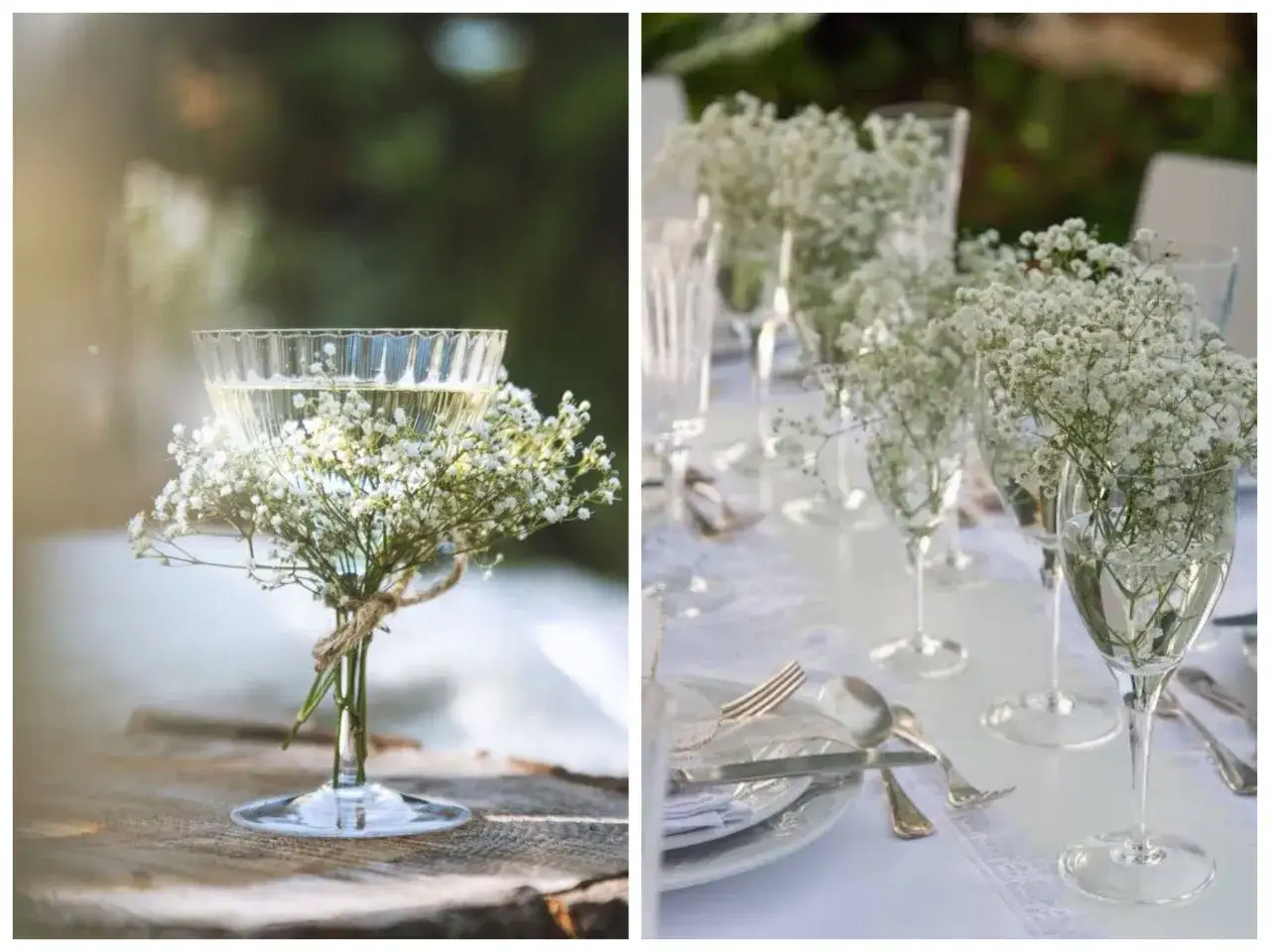 Elegancka dekoracja stołu weselnego: kieliszek z szampanem i bukiecik gips&oacute;wki, obok zastawa i kolejne kieliszki z gips&oacute;wką.