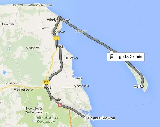 mapa połączeń kolejowych Władysławowo Gdynia