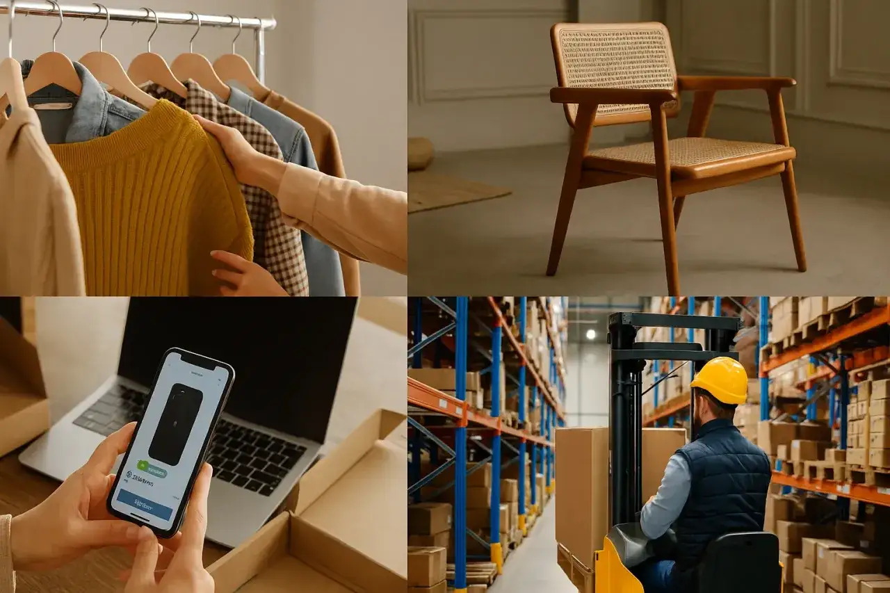 Czy warto wejść w handel produktami używanymi? Model recommerce pokazuje ubrania, meble, elektronikę i magazyn.