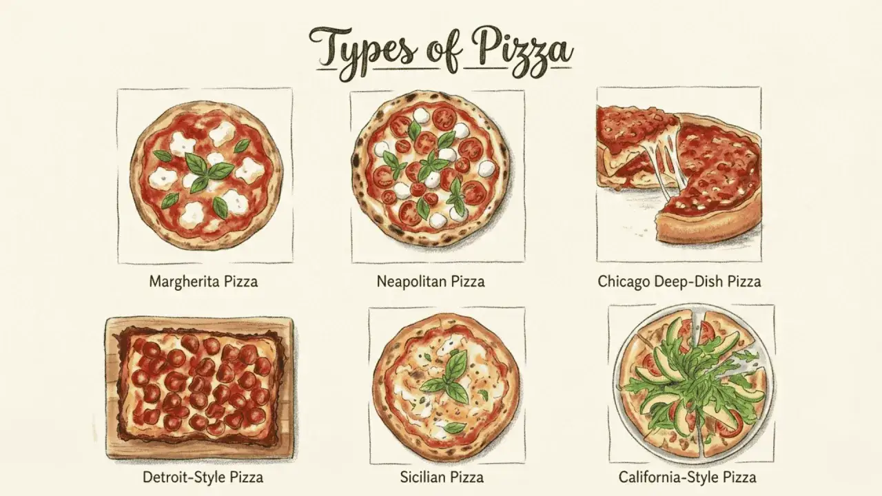 Ilustracja przedstawia r&oacute;żne rodzaje pizzy: Margherita, Neapolitańską, Chicago Deep-Dish, Detroit-Style, Sycylijską i Kalifornijską. Czy pizza to fast food? Zależy od rodzaju!