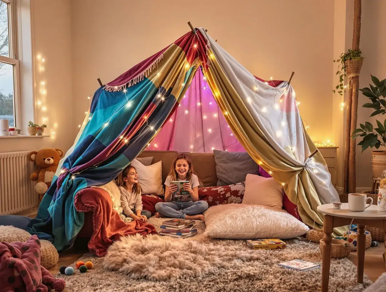 Dwie dziewczynki śmieją się w przytulnej bazie z kocy i poduszek, otoczone światełkami.