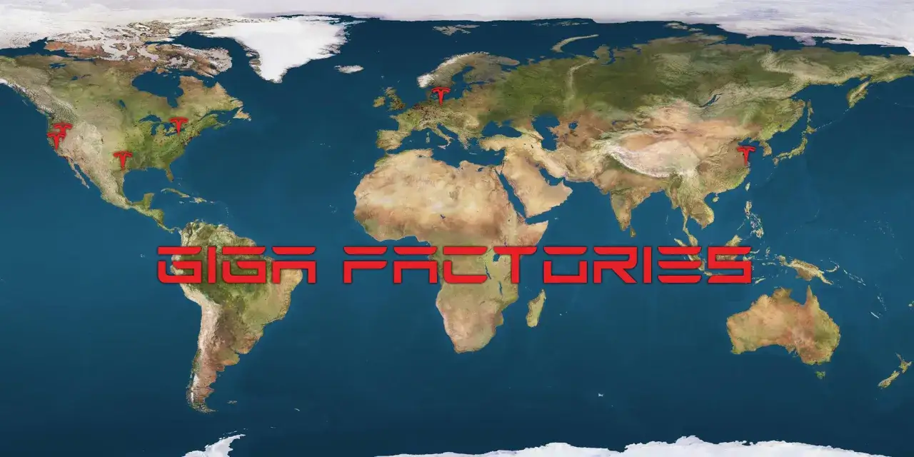 Mapa lokalizacji Gigafactory Tesla na świecie