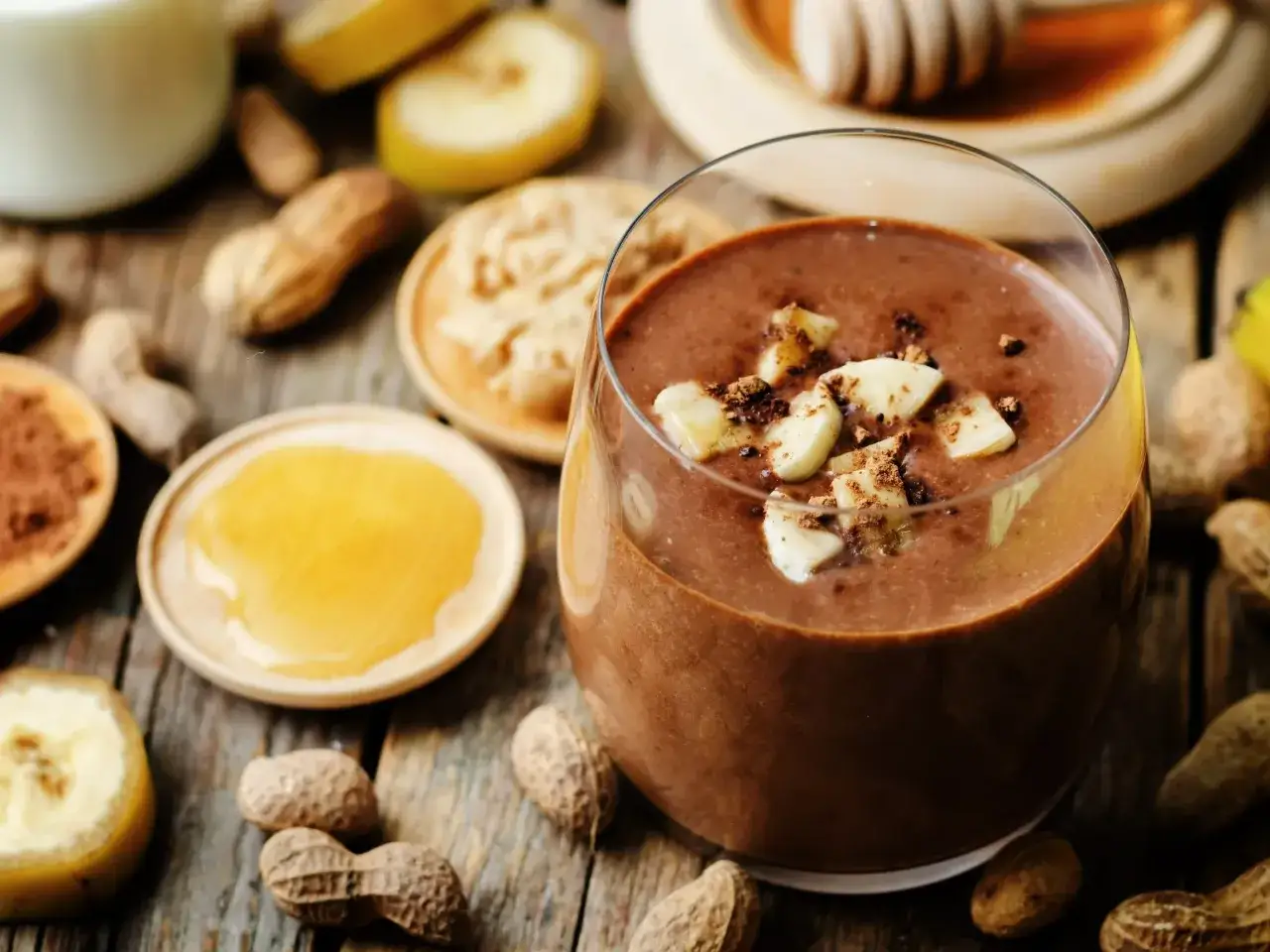 Pyszny czekoladowy drink Monte z bananem i orzeszkami ziemnymi na drewnianym stole.