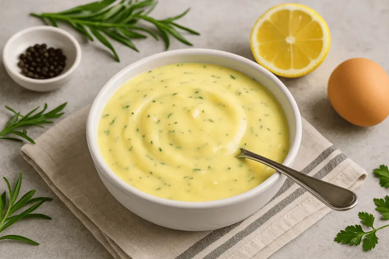 Aksamitny sos bernenski, idealny do steków. Składniki: jajko, cytryna, pieprz, zioła.
