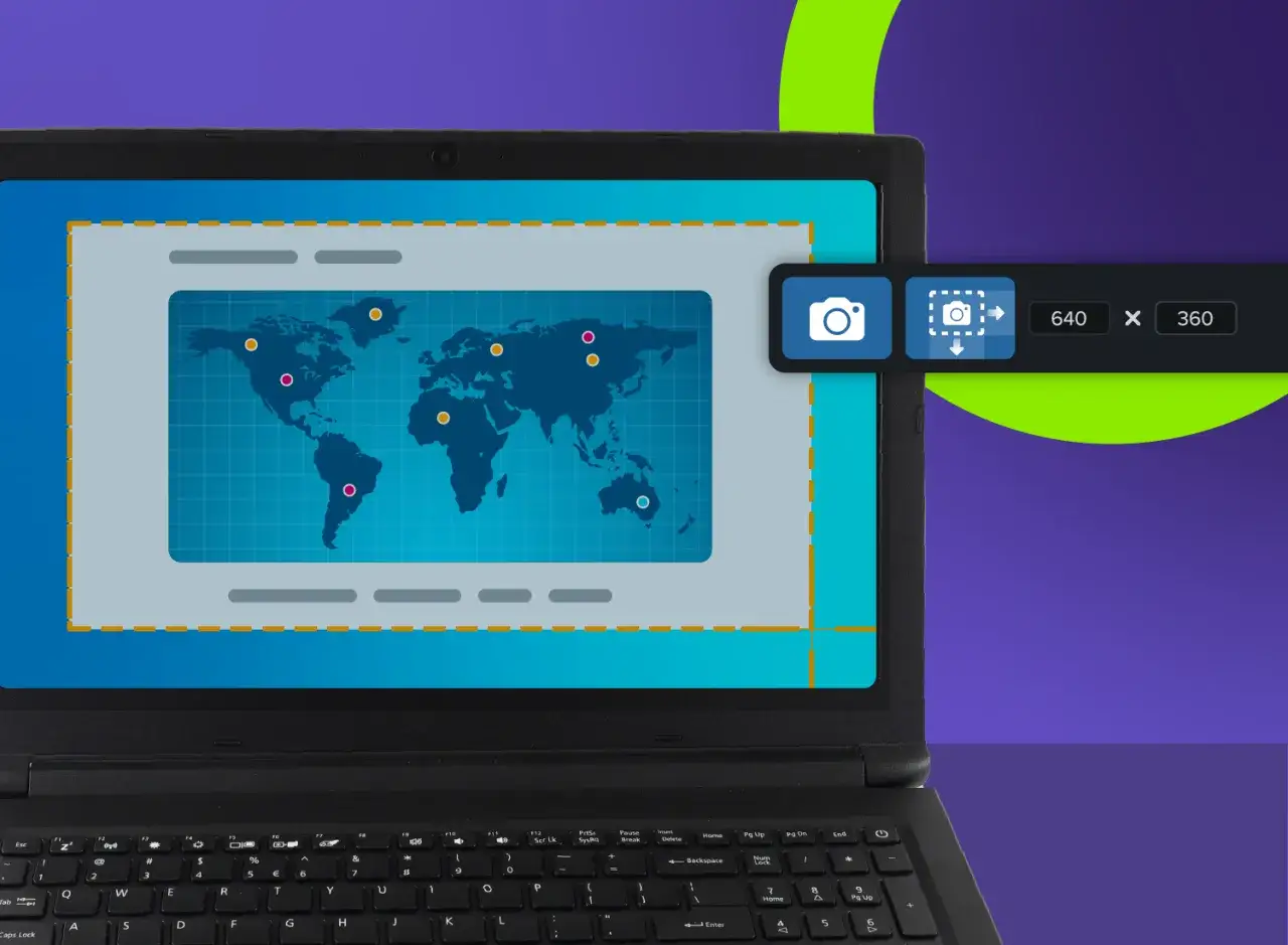Jak nagrywać ekran na laptopie? Widok ekranu z mapą świata i opcjami nagrywania.
