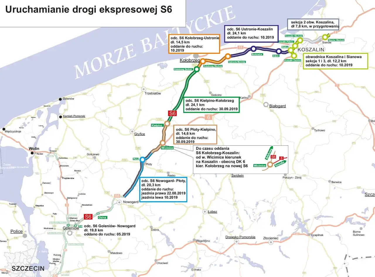Mapa drogowa S6. Odcinek Nowogard-Płoty ma 20,3 km. Ile jest kilometrów ze Szczecina do Kołobrzegu? Trasa S6 jest w budowie.
