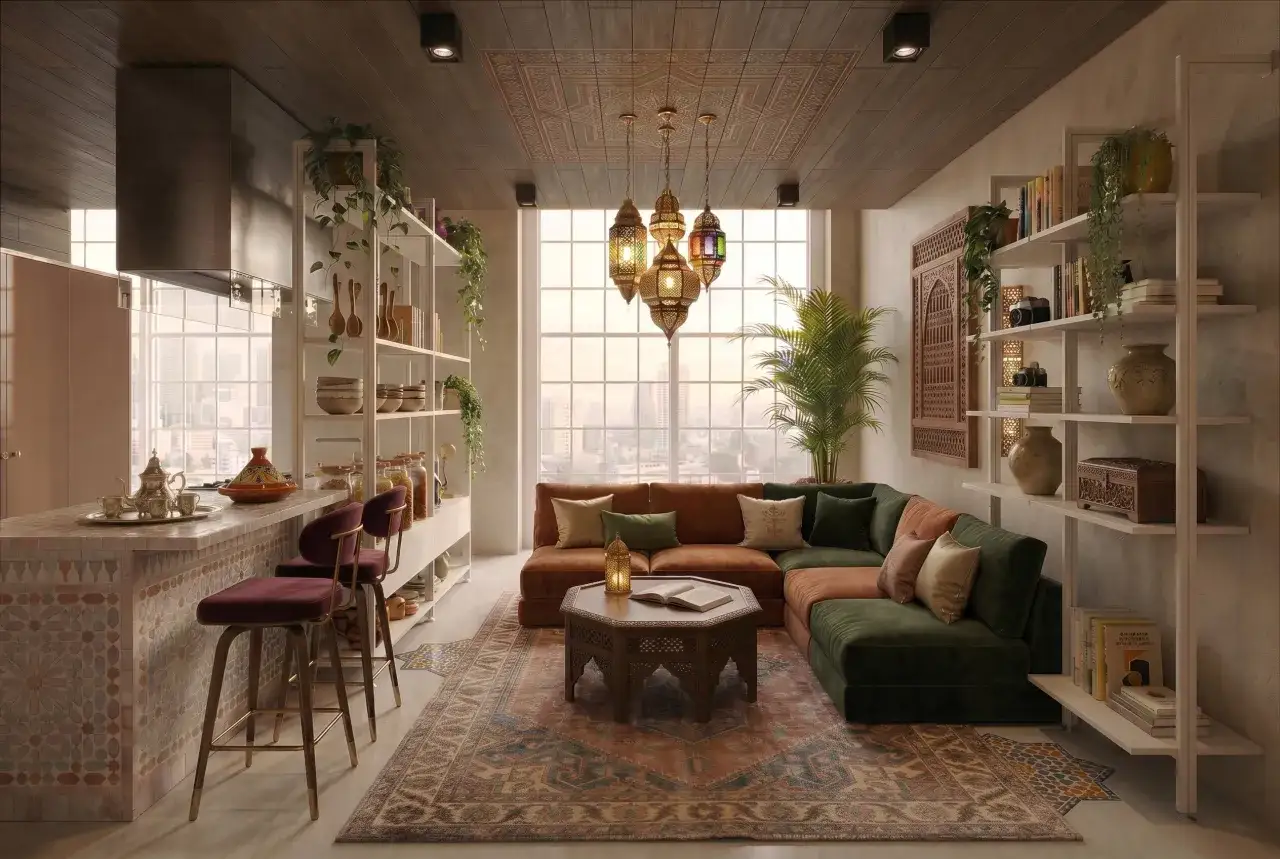 Salon w stylu marokańskim z mozaikową wyspą kuchenną, wygodną kanapą i orientalnym dywanem.