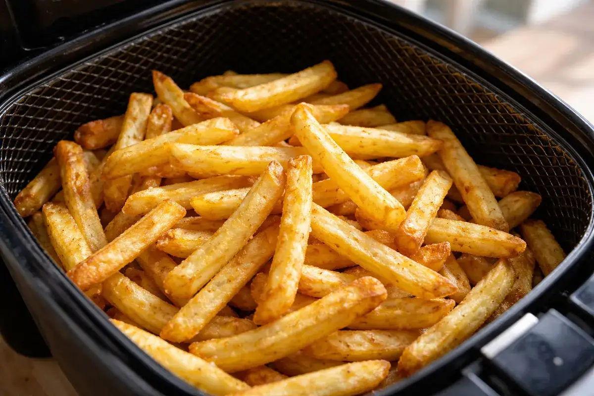 Złociste frytki w koszyku frytkownicy beztłuszczowej. Idealny sposób, jak zrobić frytki w airfryer, by były chrupiące i pyszne.