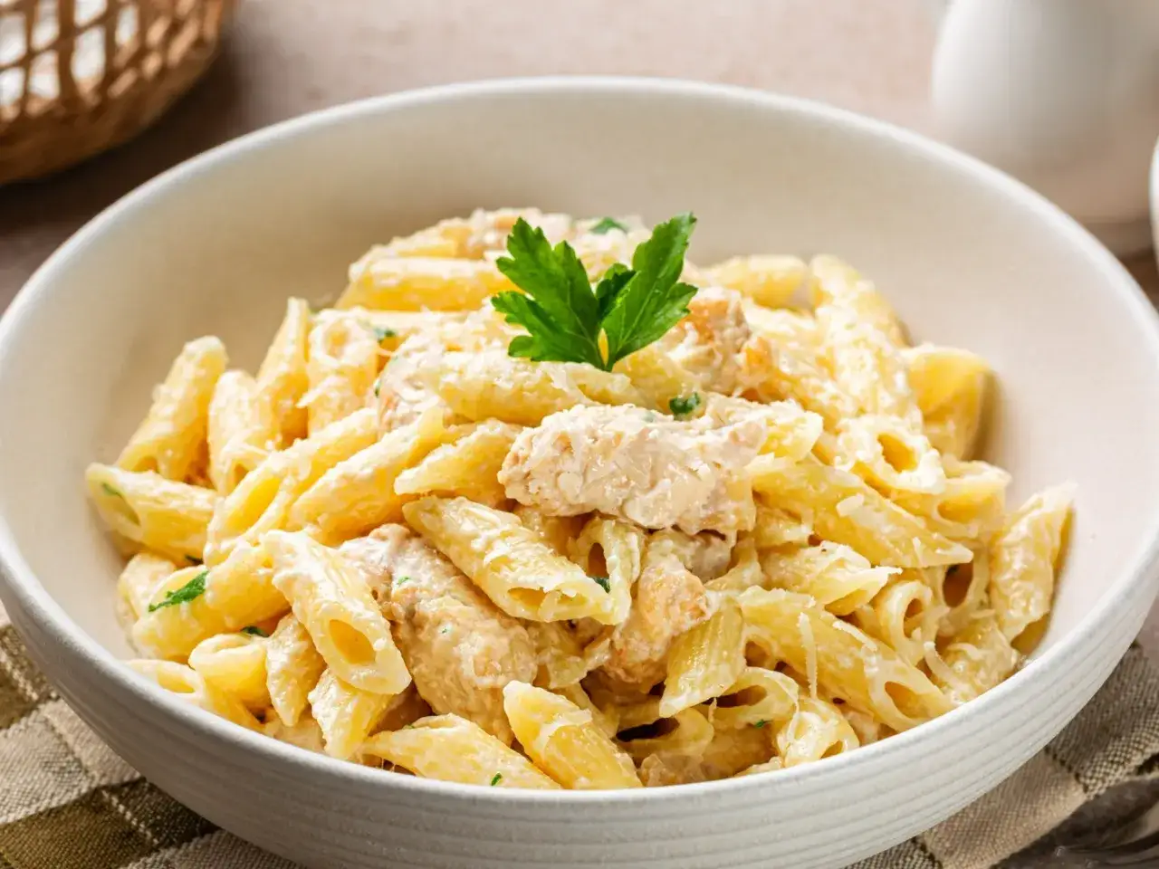 Penne z kurczakiem w kremowym sosie, posypane parmezanem i udekorowane natką pietruszki. Idealne, co pysznego na obiad!