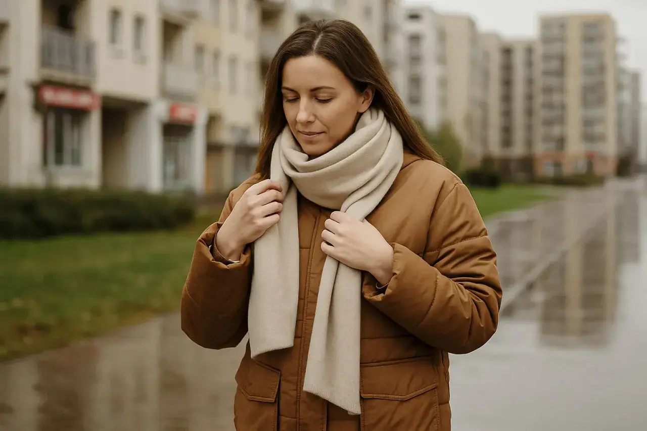 Kremowy szalik idealnie komponuje się z beżową kurtką, tworząc stylowy zestaw na chłodne dni.