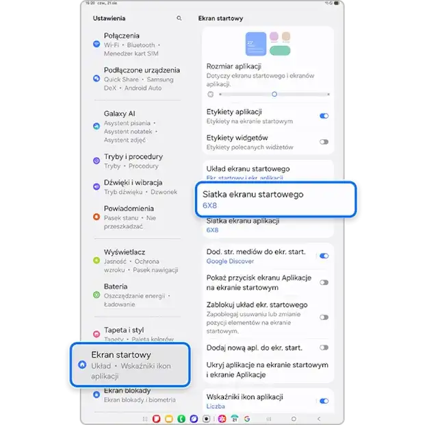 Ustawienia siatki ekranu głównego Samsung
