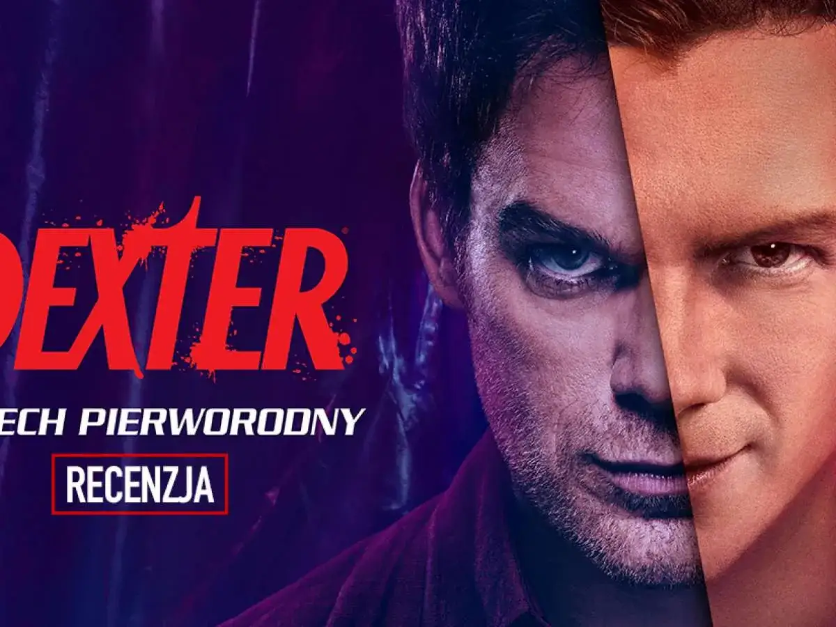 Dwie twarze Dextera, mrocznego bohatera, który zmaga się z własnym grzechem pierworodnym. Napis 