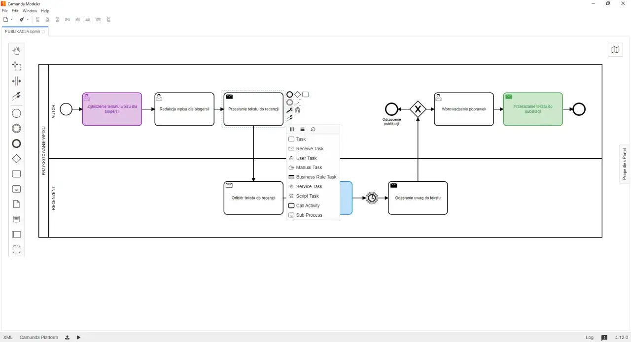 Diagram BPMN przedstawiający mapowanie proces&oacute;w publikacji tekstu, od zgłoszenia tematu po wysłanie uwag.