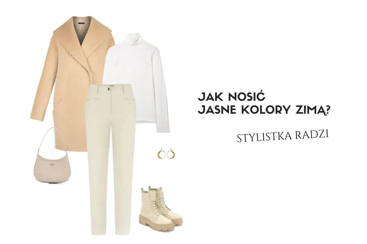 Elegancki outfit na zimę w jasnych kolorach: beżowy płaszcz, biały golf, kremowe spodnie, botki i torebka. Stylistka radzi, jak nosić jasne kolory zimą.