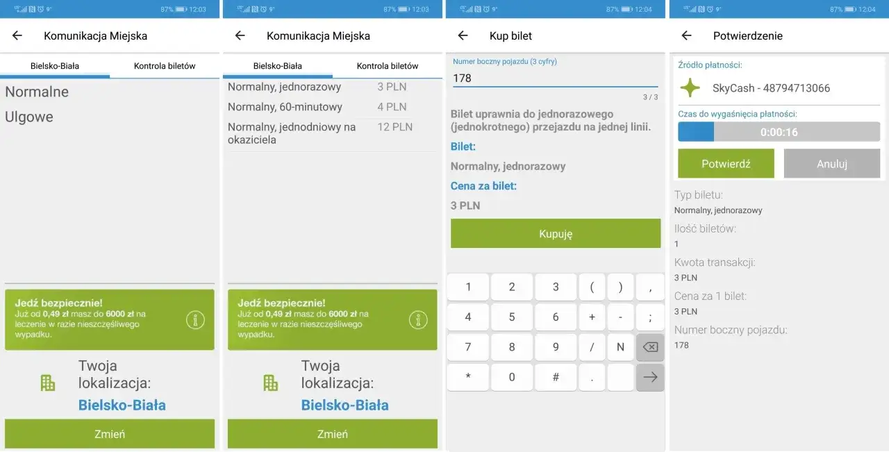Aplikacja Komunikacja Miejska Bielsko-Biała pozwala kupić bilet normalny jednorazowy za 3 PLN.