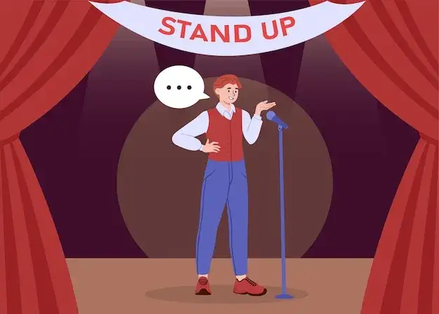 Komik na scenie podczas występu stand-up z mikrofonem