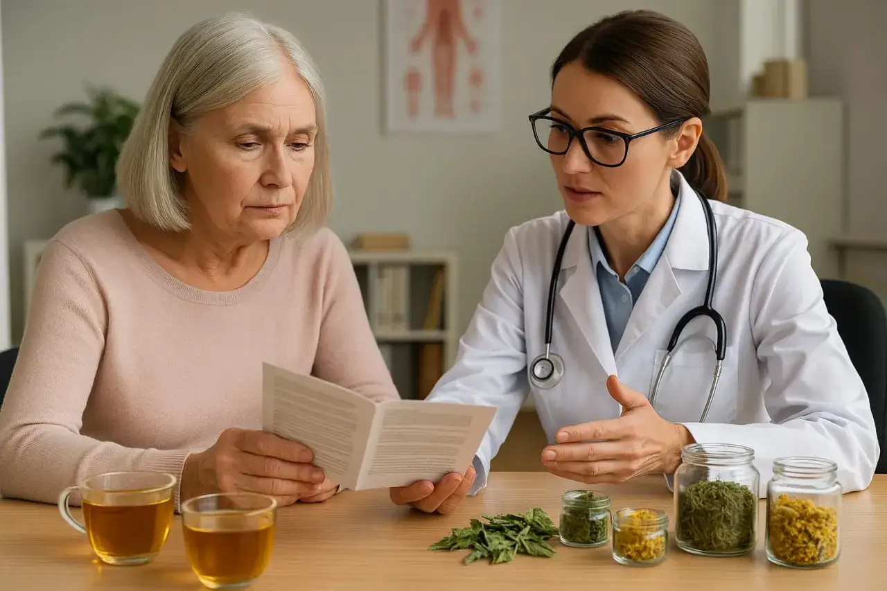 Lekarka omawia z pacjentką zioła na nietrzymanie moczu. Na stole stoją słoiczki z suszem i kubki z naparem.
