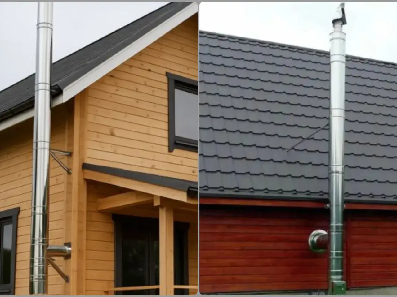 Dwa domy z metalowymi kominami. Czy potrzebne jest pozwolenie na budowę komina? Zależy od lokalnych przepisów i rodzaju instalacji.