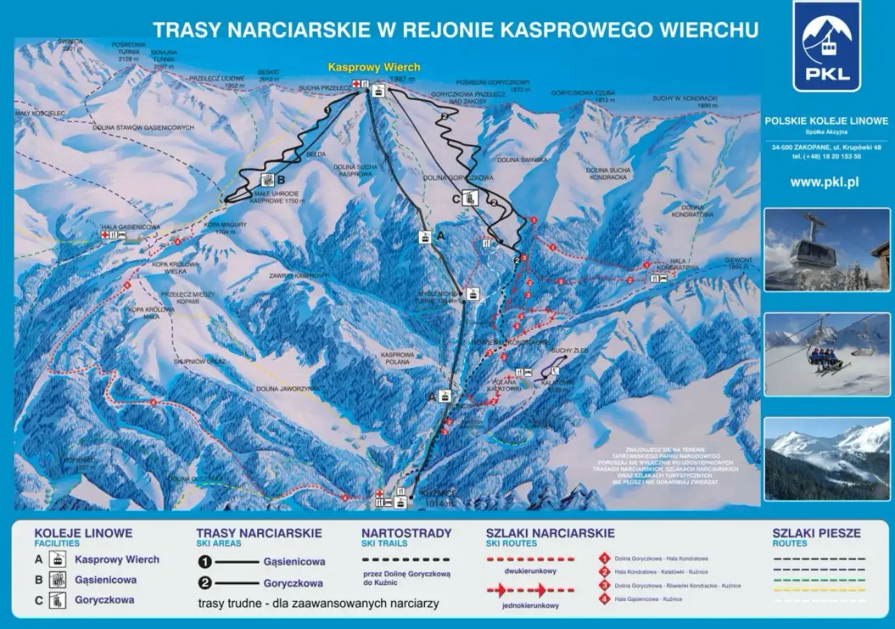 Mapa tras narciarskich w rejonie Kasprowego Wierchu. Pokazuje szlaki, koleje linowe i punkty widokowe.