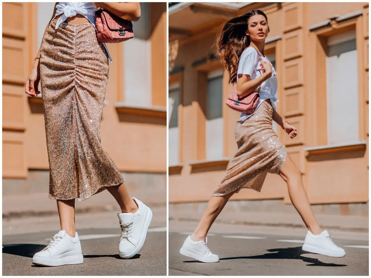 Elegancka spódnica z wysokim stanem i cekinami, zestawiona z białą koszulką i sneakersami. Idealny przykład, jak nosić spódnice z wysokim stanem na co dzień.