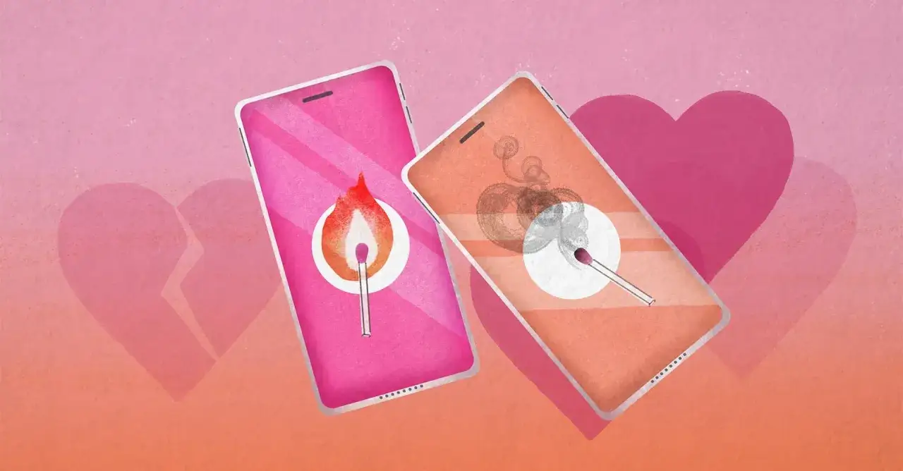 Dwa telefony zapałkami: jedna płonie, druga dymi. Symbolizują najlepsze aplikacje randkowe, które mogą rozpalić miłość lub zakończyć związek.