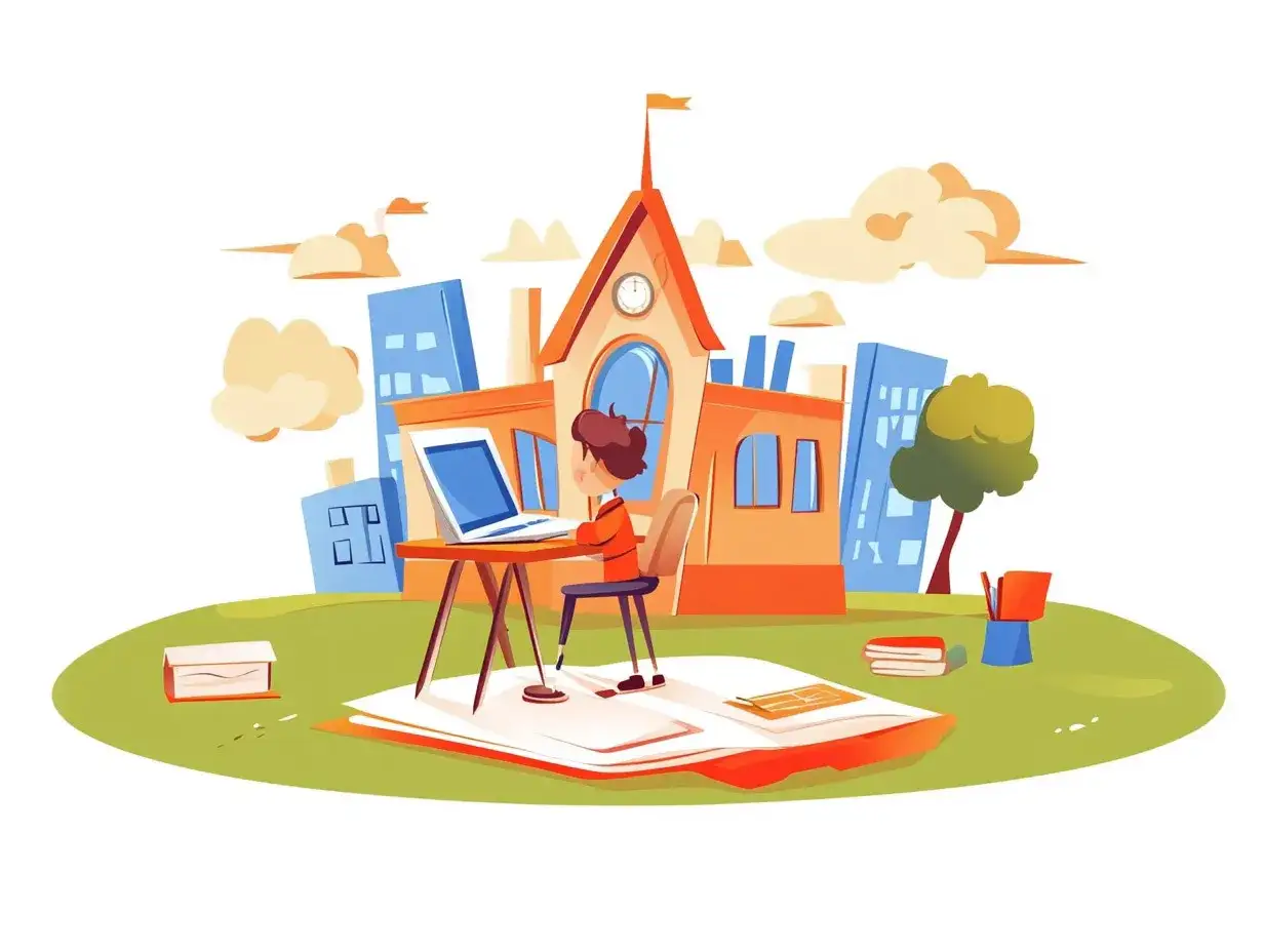 Chłopiec uczy się na laptopie przed szkołą. Czy egzaminy w szkole w chmurze są trudne?