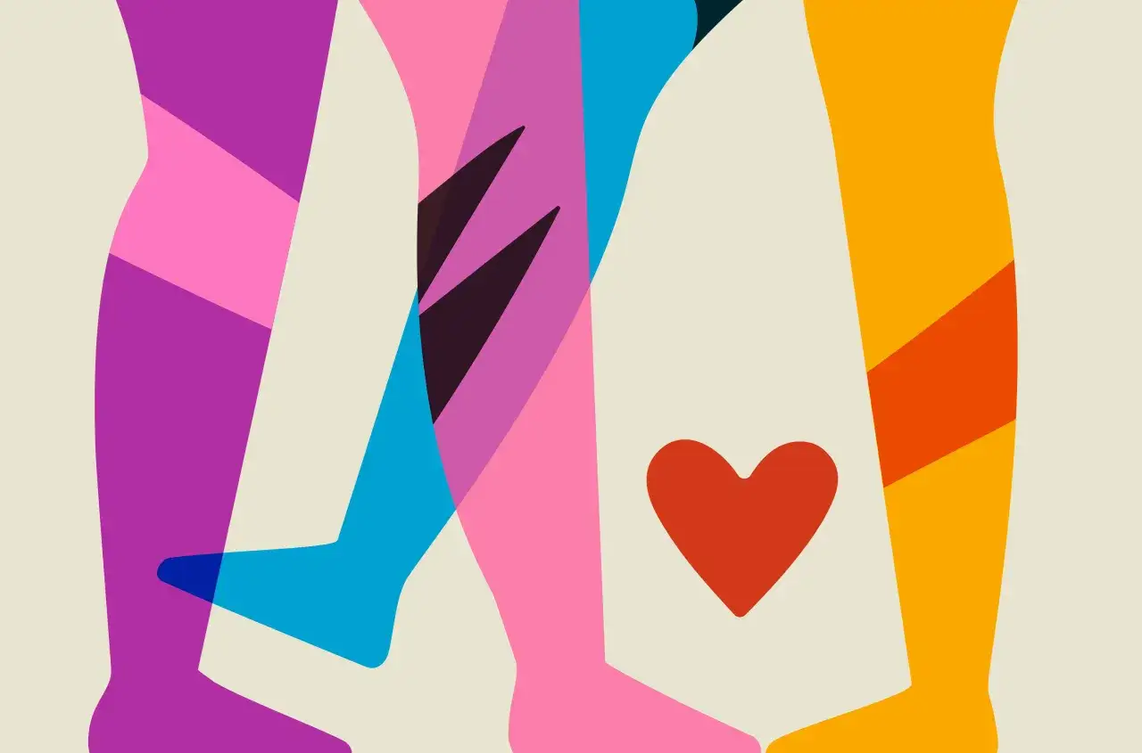 Kolorowe nogi splatają się, tworząc abstrakcyjny obraz. Czerwone serce symbolizuje dobroć serca i jedność.