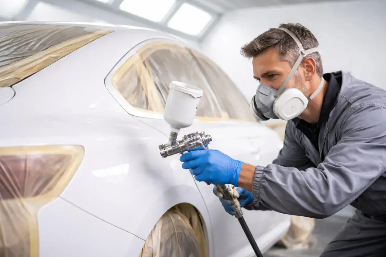 Lakiernik w masce ochronnej maluje białą maskę samochodu. Dowiedz się, ile kosztuje pomalowanie maski w samochodzie.