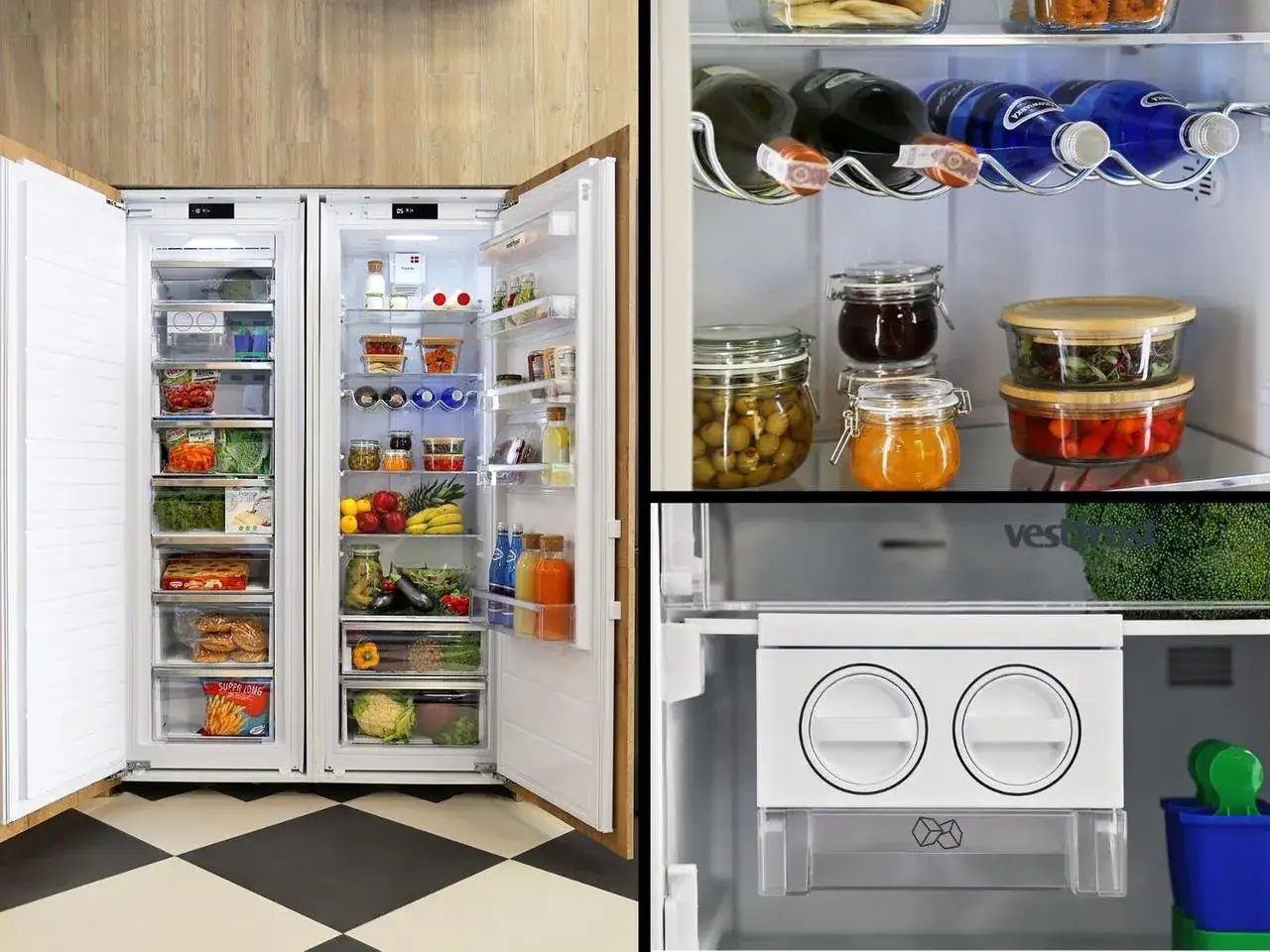 nowoczesna kuchnia z zamrażarką i pojemnikami na żywność