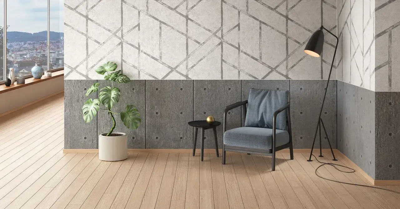 Nowoczesny salon z betonową ścianą i geometrycznym narożnikiem do tapet.