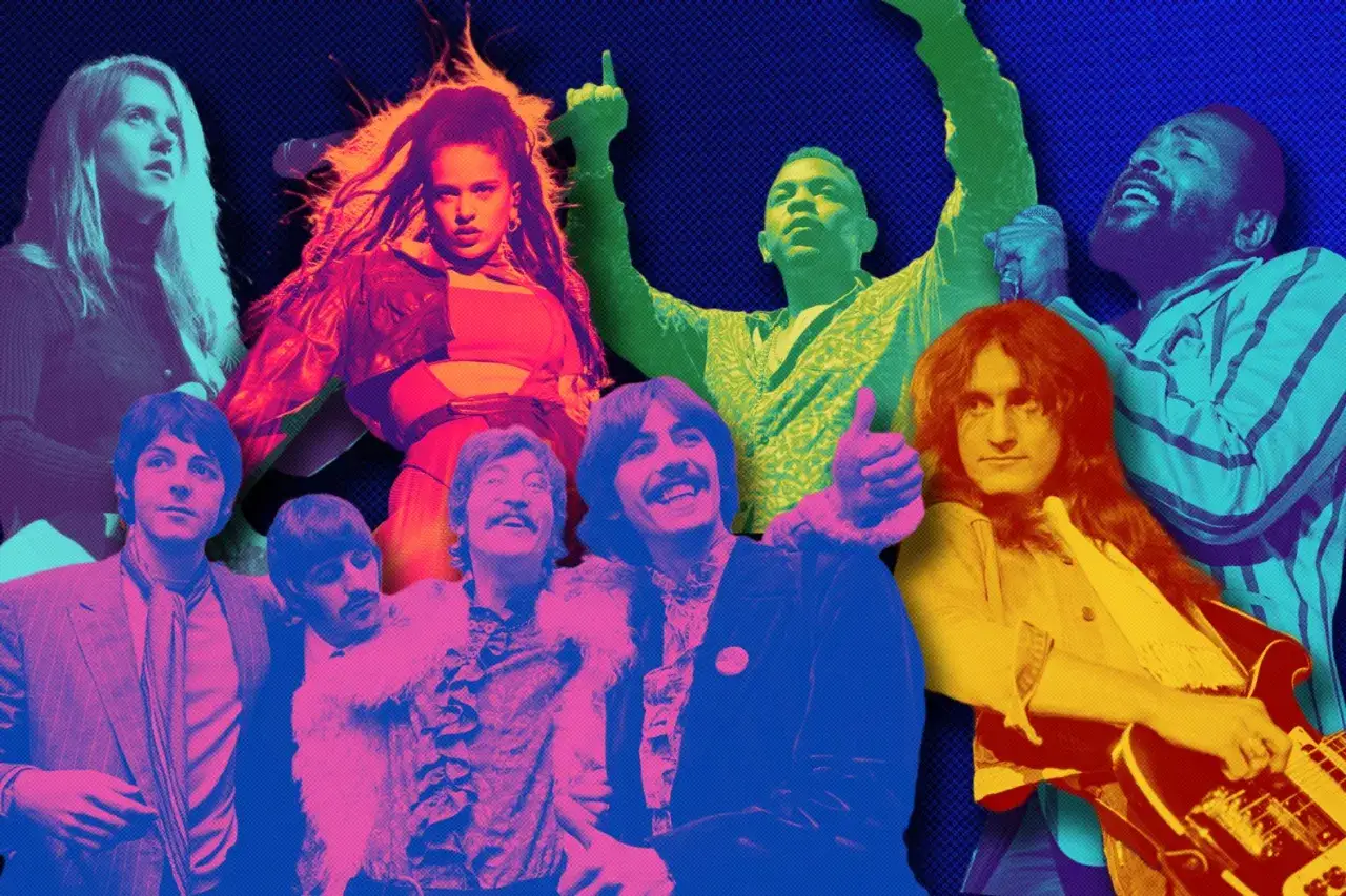 Kolaż przedstawiający ikony muzyki, od The Beatles po wsp&oacute;łczesnych artyst&oacute;w, tworzy barwną mozaikę okładek album&oacute;w muzycznych.